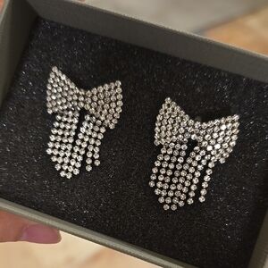 Rhinestone Bow Earrings – Silver Tone Sparkle